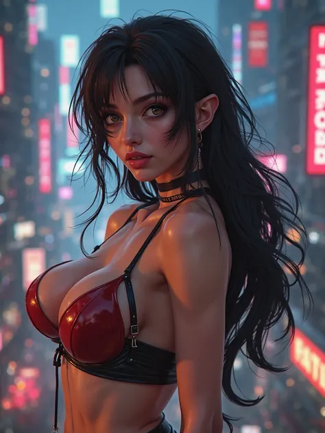 Final Fantasy 7, Tifa Lockhart, big breasts, perfect breasts, cleavage, perfect body, sci fi cityscape background, sexy, seductive, high detail, masterpiece.