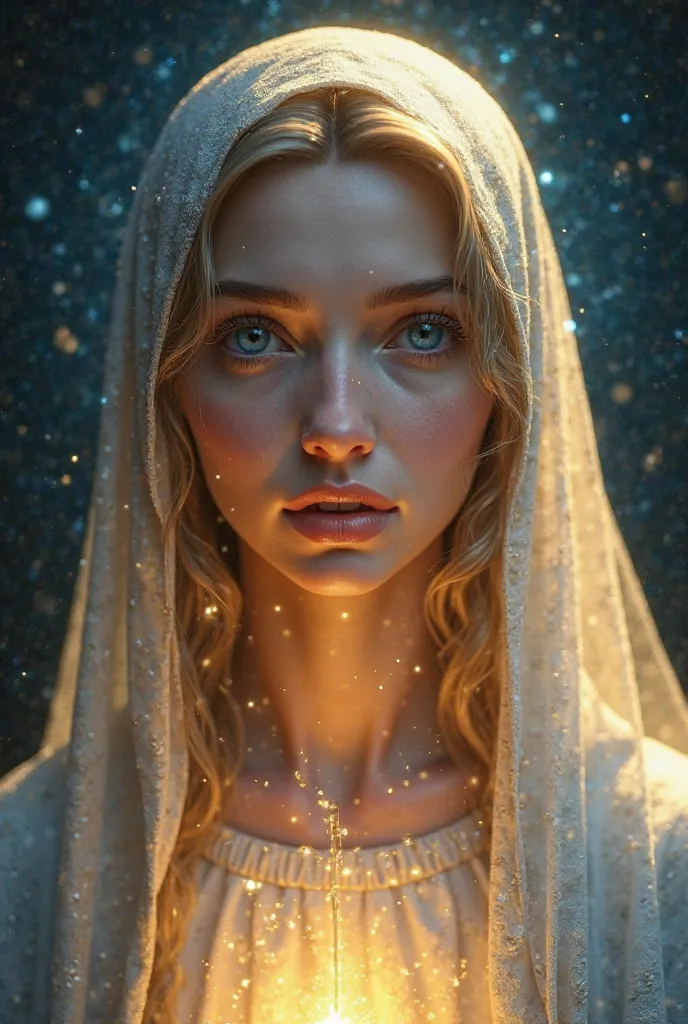 "A hyper-realistic depiction of Saint Mary with a serene, compassionate gaze. Her intense blue eyes radiate peace and love, while a celestial bluish light illuminates her face, reflecting purity. She wears a translucent golden veil with glowing details. Fl...