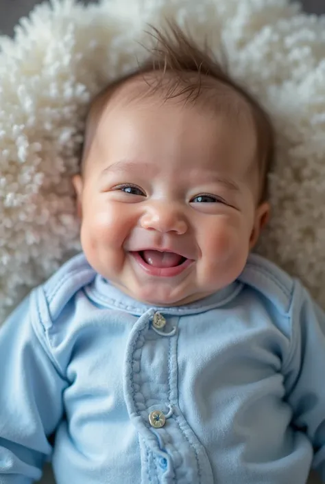 Korean newborn baby ,  boy , with beautiful blue clothes and the baby giving a smile 