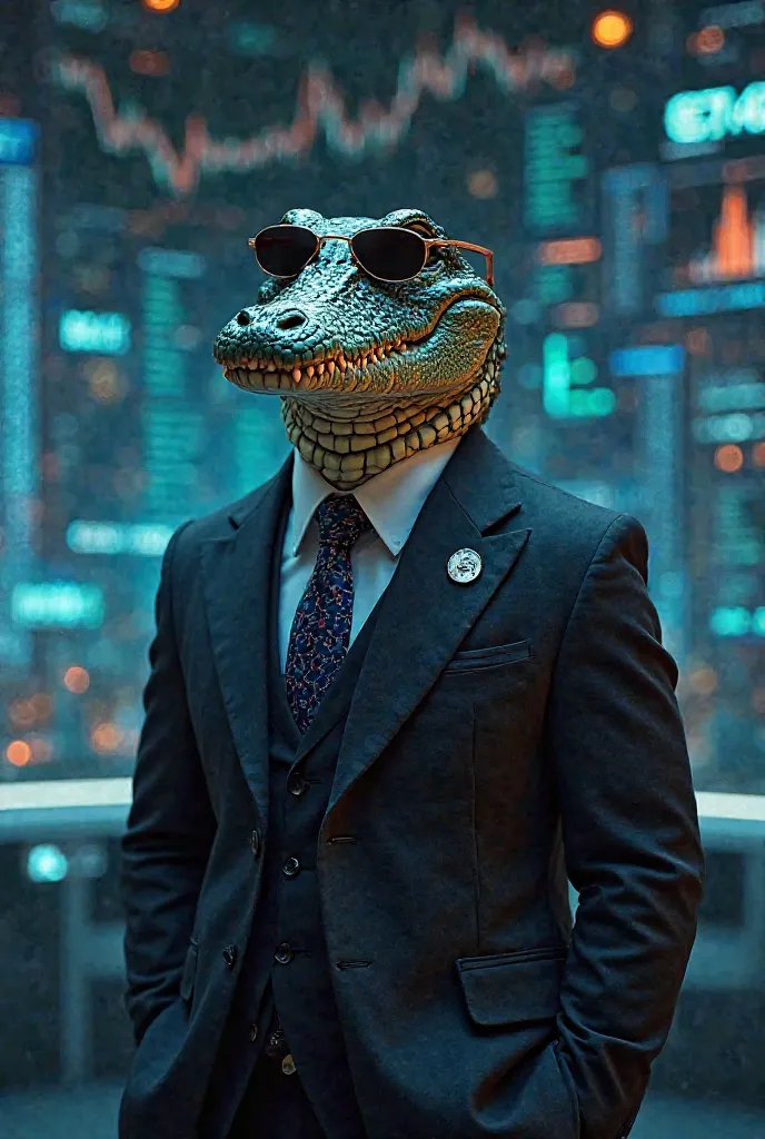 Crocodile with Dark Glasses and Suit, Blockchain Trader