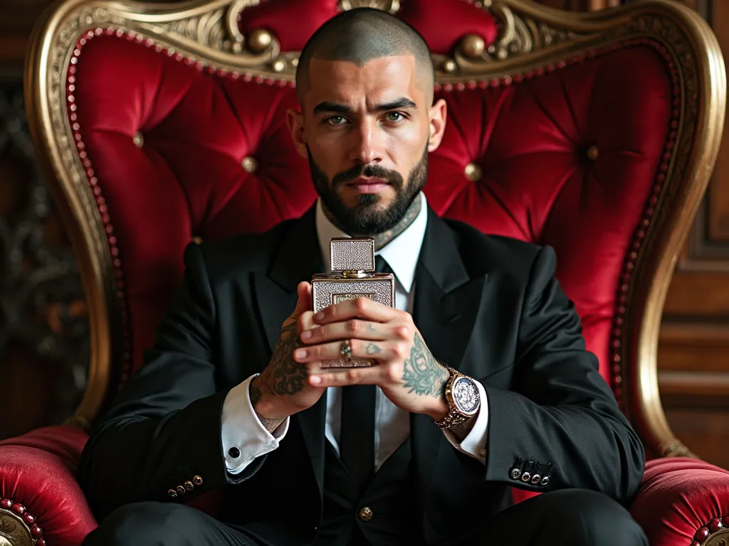 In a luxurious mansion seated on a throne with red velvet upholstery and gold details, Simone Susinna (31 years old,  shaved hair , "buzz cut", green eyes,  textured white skin , strong, athletic body, sexy,  chin defined, well-done short round black beard...