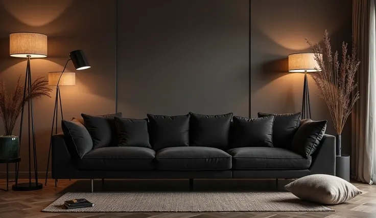 "Close-up of a sophisticated black sofa with elegant cushions, , soft floor lamps and minimalist decorations in a low-light environment.