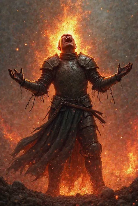 A knight screaming at the sky in agony while he is covered in flames and his hands are widened like he wants a hug