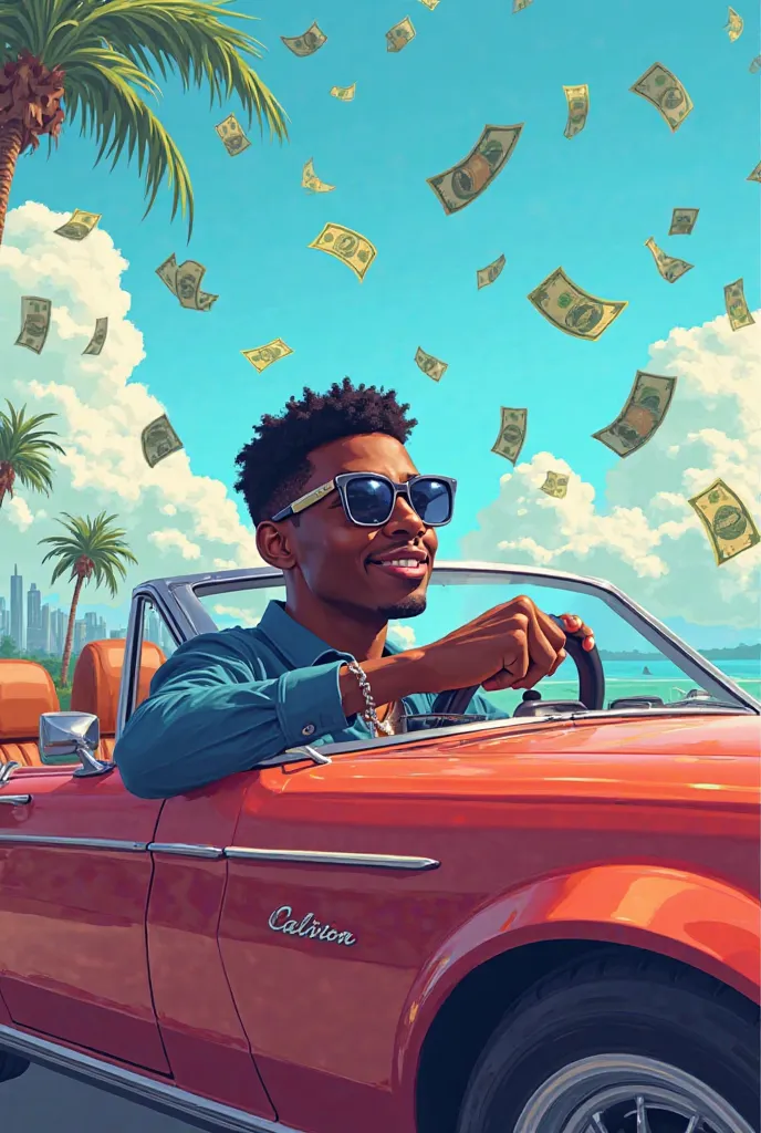 Black boy wearing stylish glasses driving a convertible car with money falling from the sky, 2D pixel image