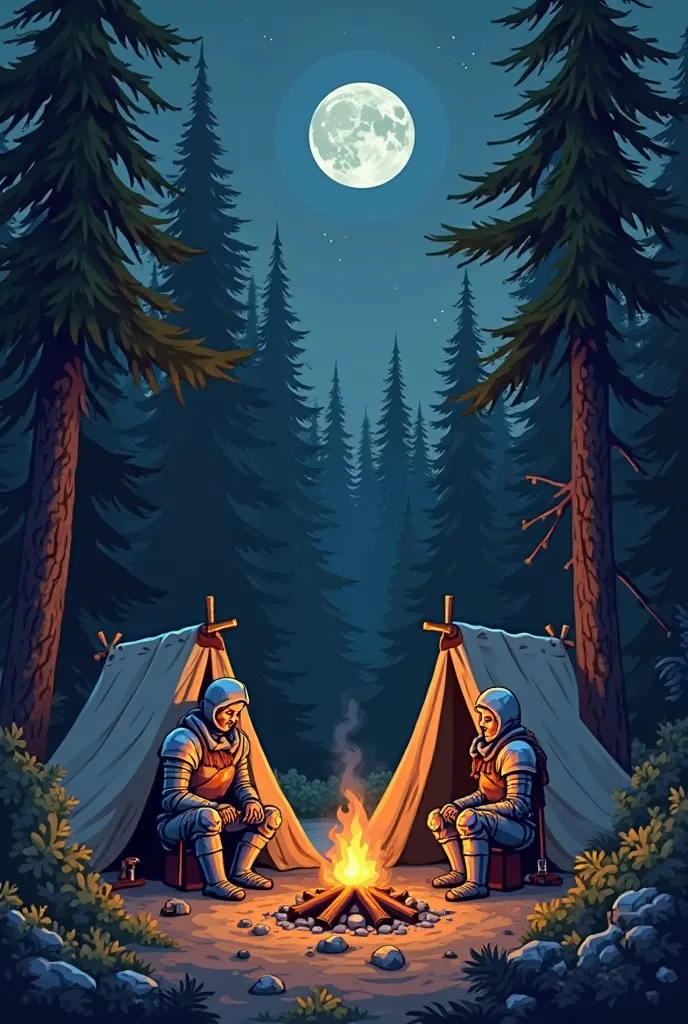 "A dense pine forest surrounding a cozy campfire in a 2D RPG 32-bit style. The campfire is casting warm light under the moonlight, creating a peaceful ambiance. Two tired knights, wearing worn armor, are sitting near their tents, having a conversation. The...