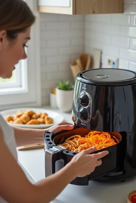 A person using an airfryer to prepare food, with hot steam circulating and browning the food without oil. The kitchen is modern and clean, conveying the idea of a healthy and practical alternative to cooking.
