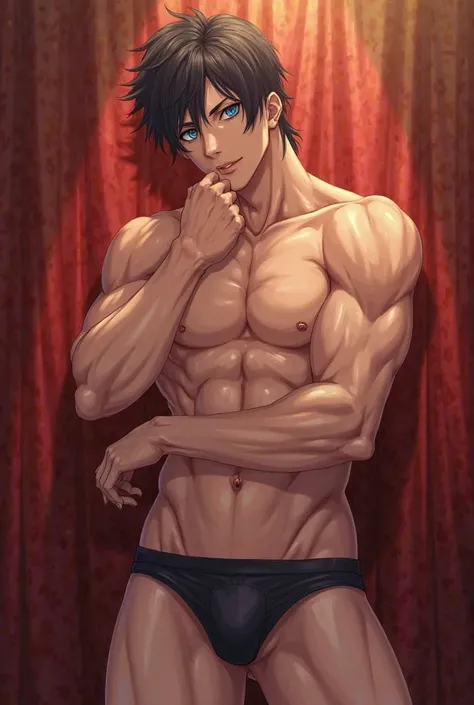  Description :
"An extremely seductive male character in anime style, with penetrating blue eyes and an intense look. His hair is stylishly messy,  falling slightly over the face .  He has a defined body, muscular and well sculpted, with slightly shiny ski...