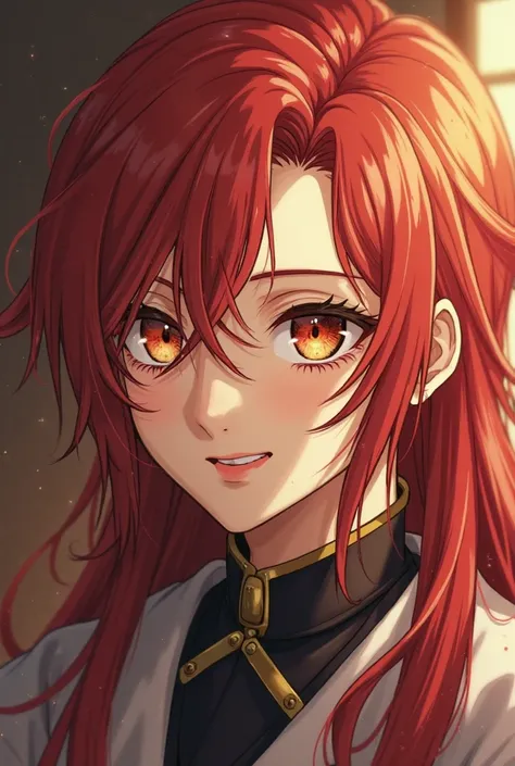 "Create the same character, but with a soft, innocent smile that adds warmth to his already stunning features. His long red hair still flows gracefully, and his golden and red eyes, while still shifting in the light, now convey a sense of vulnerability and...