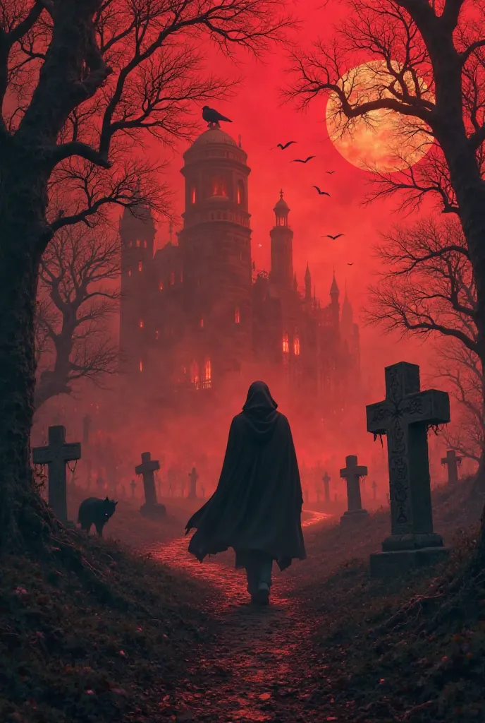 A solitary adventurer wrapped in a black cloak crosses a dark forest immersed in a blood-red fog.  Around him , twisted trees with skeletal branches, as wolves glowing eyes look at him with distrust. in the distance, an ancient cemetery shrouded in ghostly...