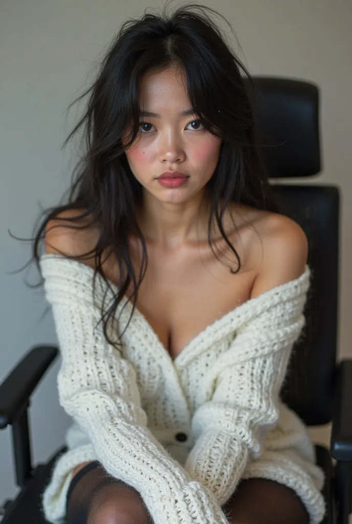 female, young, messy long dark black hair, office goddess, seductress, knee-length white knitted sweater, bare shoulders, cleavage, sitting, black nylon stockings, latina body, white skin, curvy body, blushing, seductive image, serene, untouched beauty, cl...