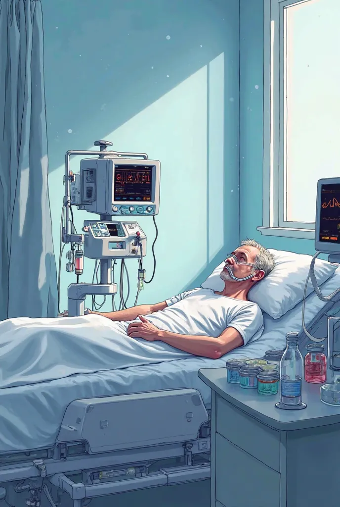 Image of an adult patient in a large and well-lit environment of a intensive care unit (UTI). The patient is lying on a bed, with a heart monitor next to, showing vital signs. He is using oxygen support through a mask. next to the bed, two infusion pumps a...