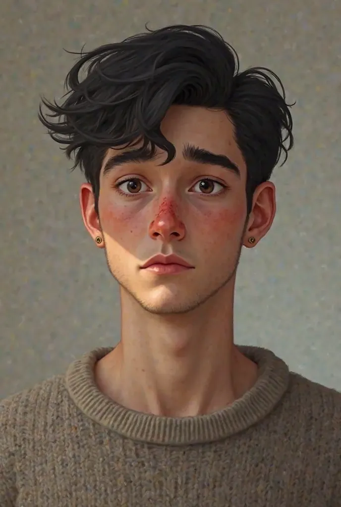 The boyfriend is tall with black hair, brown eyes, a watery nose., He is thin and is dressed in a sweater 