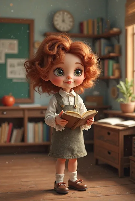 Create a curly-haired doll with a book in her teacher's hand