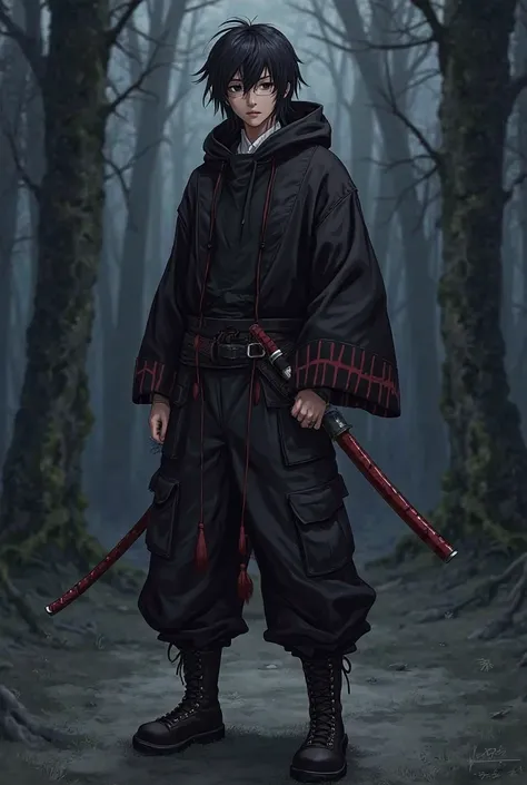 I want a character with black hair and more or less long, with a white, skin-colored ribbon with black eyes, who wears a black sweater with long sleeves and, on top, a kimono with black and red stripes, who wears black pants with several pockets and milita...