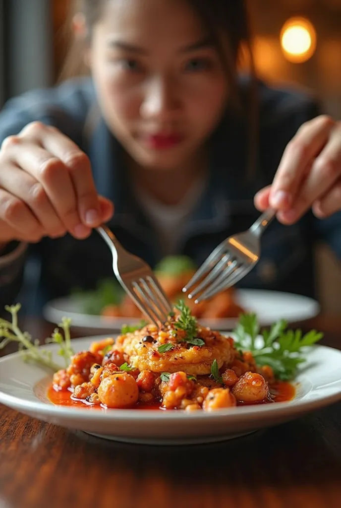 Create a prompt of a person eating in the first person viewing the POV view, hyper realistic viewpoint. 