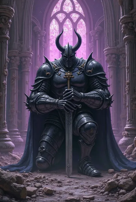 A colossal knight of darkness kneels in a ruined gothic cathedral, his chestplate exposing his muscular upper chest. His helmet features two sharp, demonic horns. He holds a sword plunged to the ground loosely in his hand. Hands on crotch. Calling you clos...