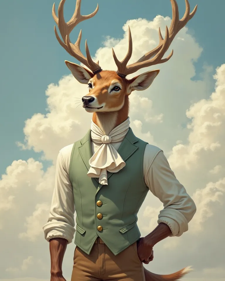 Amidst a backdrop of billowing clouds painted in soft hues of blue and ivory, Sir Reginald Hartwell stands with effortless poise, his tall and refined frame exuding a sense of both wisdom and adventure. His body is that of a proud, anthropomorphic stag, hi...