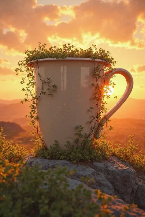 Tiny climbing plants climbing up a giant cup of coffee,  wide view ,  Impressive ,  sunset light ."