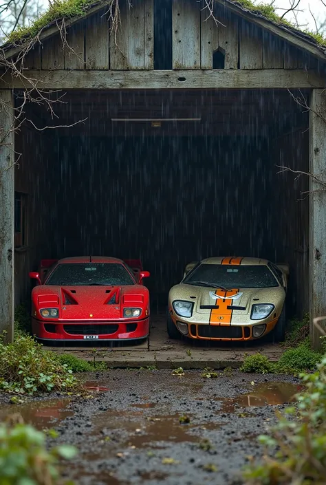 Create an abandoned wooden shed with rain, which houses abandoned Ferrari f40 and ford gt40