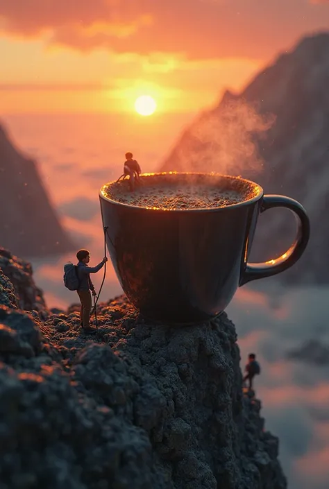 Tiny climbers scaling a giant cup of coffee, dramatic, wide-angle view, sunset lighting."