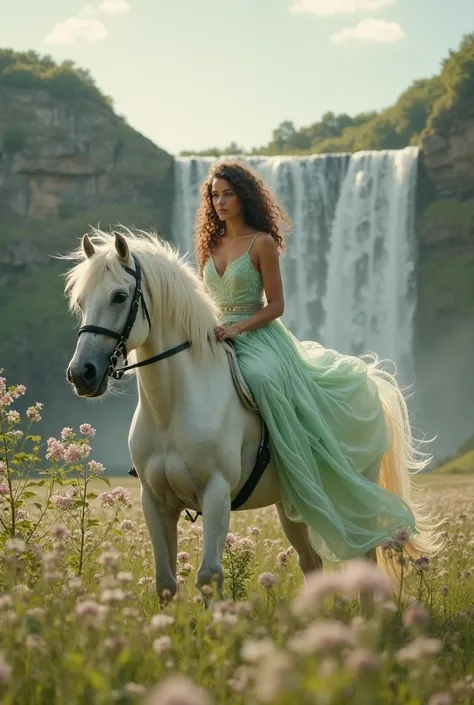 A very beautiful 40-year-old woman with dark brown curly hair in a very light green flowing dress and she, like a , about , riding together on a beautiful and strong white horse with wings in a beautiful flowery countryside with waterfalls