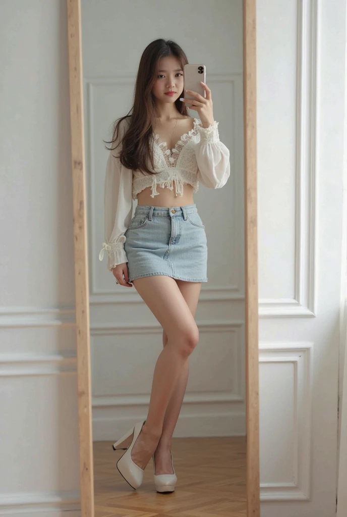 (Best quality,4K,8k,high resolution,masterpiece),Extremely detailed,Clear focus，Beautiful Korean woman，Take a selfie in Front  of the mirror，in the room，White Wall，whole body照，whole body，Front ，Phone covers face，Thick long hair，Straight Hair，Direct，Very wh...