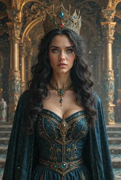 Queen of about 40 years old fantasy epic very brunette black hair blue eyes tall slender