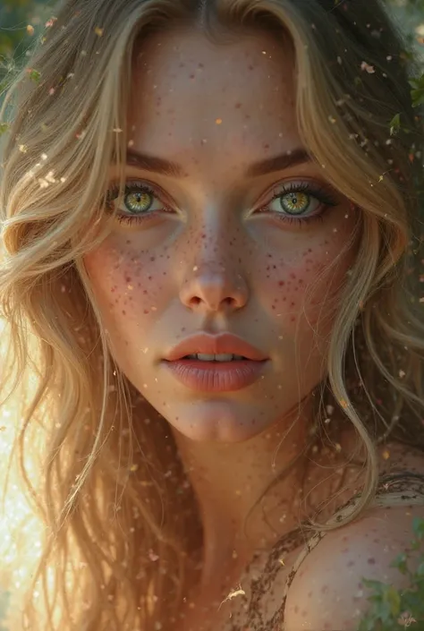 A very beautiful woman, green eyes and blonde hair