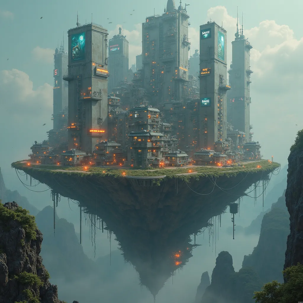 floating small island with cyberpunk style houses intertwined with walls with light commercials with dystopian atmosphere