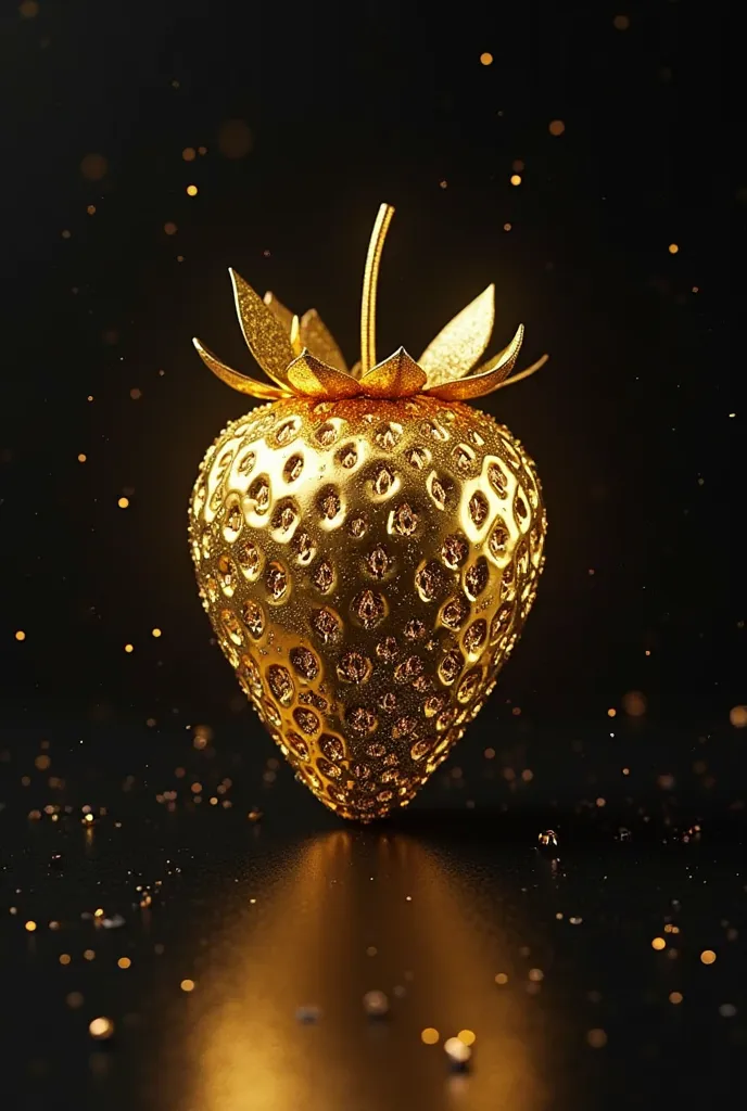 A strawberry that is all gold, nothing red with a black background 