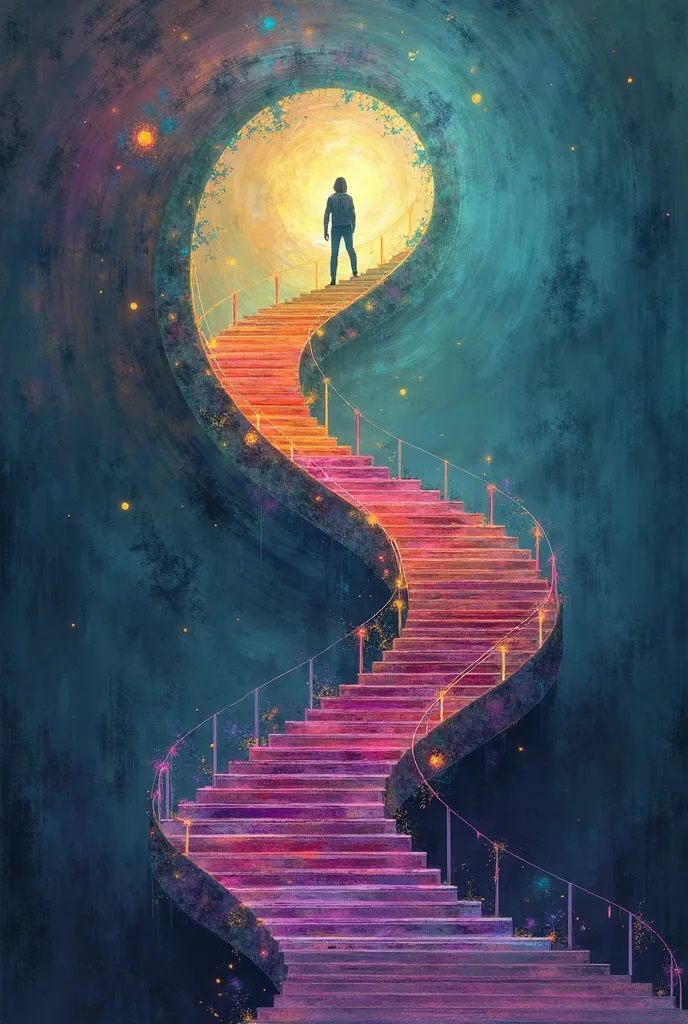 'L' Ascension Infinie', une œuvre qui invite à un voyage introspectif à travers un escalier en spirale sans fin, où chaque marche colorée symbolise les défis et les mystères de la vie, mettant l'accent sur un cheminement intérieur complexe. Une image poign...