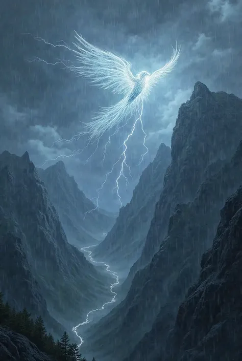 Background to a song in which there is a spirit flying at the top of the mountain with rainy weather and thunder 