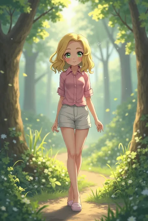 Pokemon style girl with shoulder length blond hair green eyes 5'2 wearing a pink button down shirt and white thigh length shorts and ballet style shoes with a forest back drop