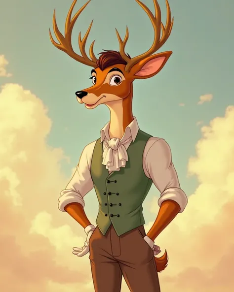 Against a backdrop of soft, hand-painted clouds in a golden-hued sky, Sir Reginald Hartwell, a dashing anthropomorphic stag, stands with refined elegance. His design embodies the golden era of animation, reminiscent of Max Fleischer’s fluidity, Walt Disney...