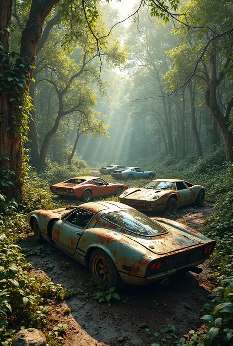 Create a junkyard in the woods with abandoned supercars