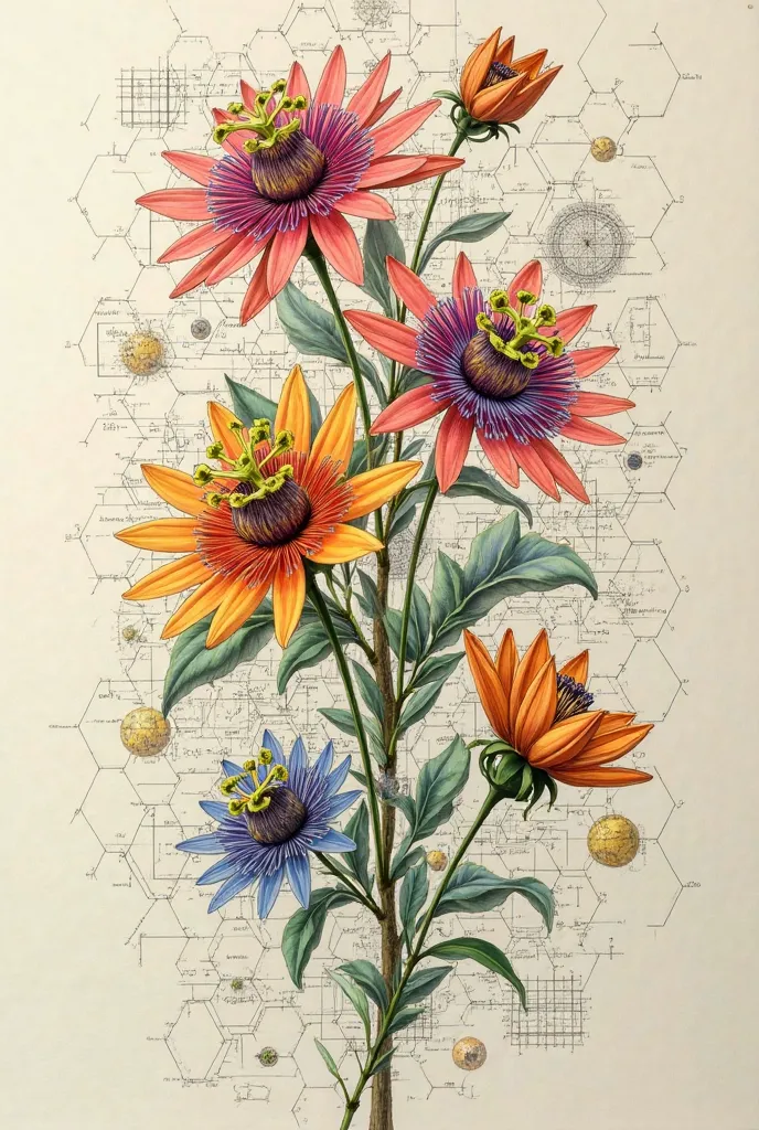 A drawing where several colored passionflower flowers that come in from everywhere, are intertwined with thin and shaded lines, emerge from a network of mathematical elements. . Their petals seem to merge with fractals, numerical sequences and golden spira...