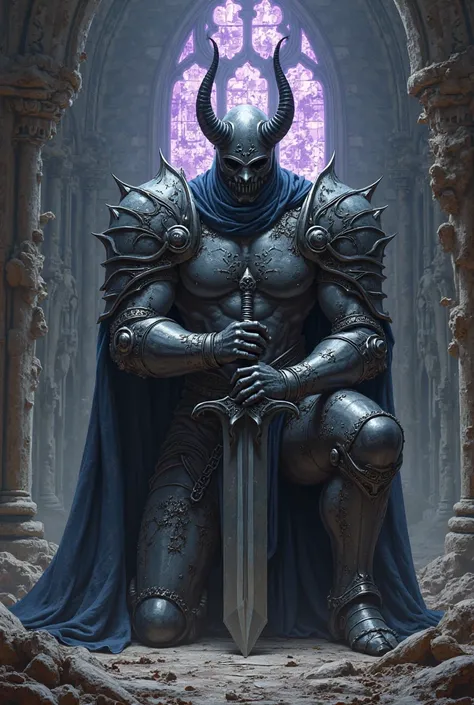 A colossal knight of darkness kneels in a ruined gothic cathedral, his chestplate exposing his muscular upper chest. His helmet features two sharp, demonic horns. He holds a sword plunged into the ground loosely in his hand. Hand on crotch. Calling you clo...