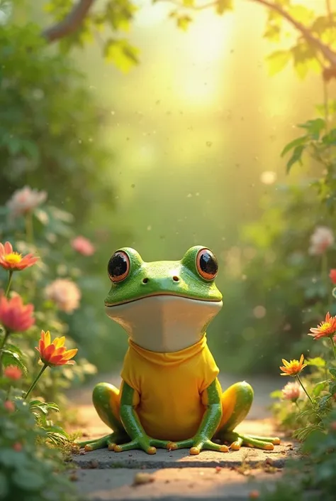 A little green frog, Beautiful tender soaking up the sun, in a green garden , wearing a super sexy yellow swimsuit