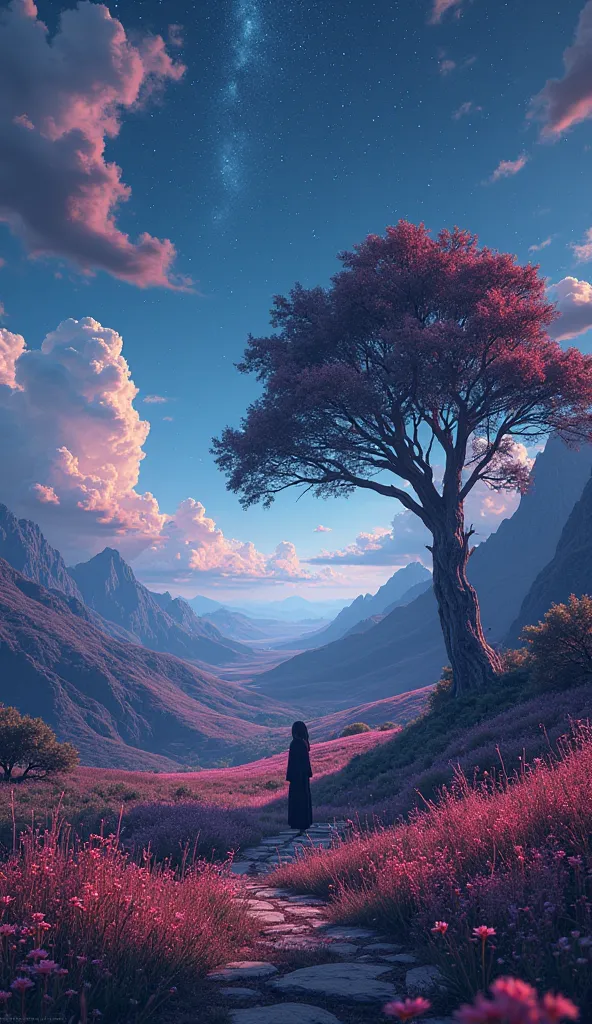 Rich burgundy, deep blue, intense dramatic lighting. Isekai anime style, 4K viral nature wallpaper. Pixar 3D, lush meadow, wildflowers, blue sky, majestic tree. Cosmos lighting, twinkling stars, whimsical atmosphere, high contrast, sophisticated elegance.
...