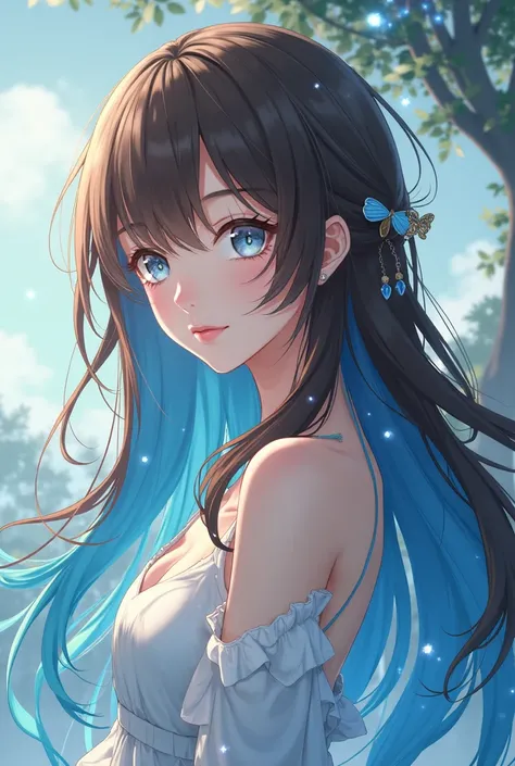 Anime style women anime long brown hair with sky blue roots 