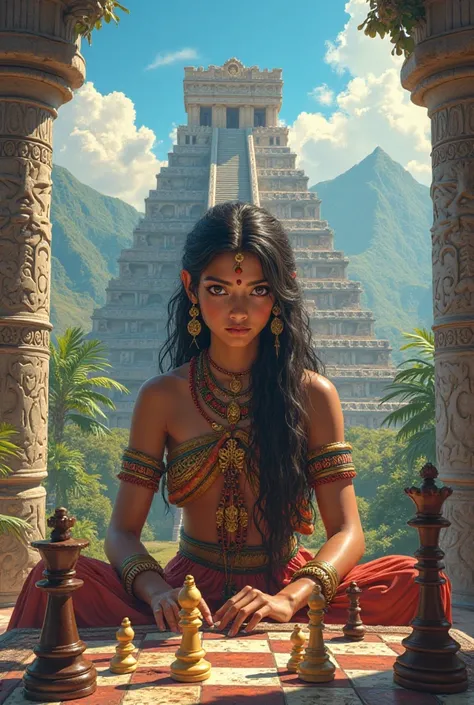 Aztec girl playing chess in Aztec culture 