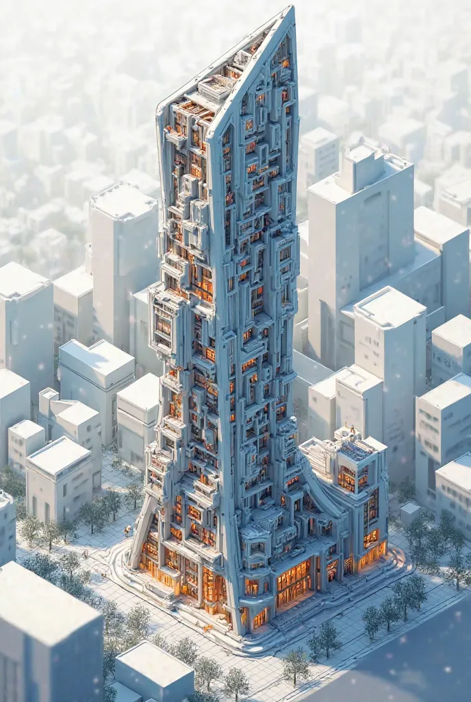 Isometric drawing of a 15-story building with an innovative shape