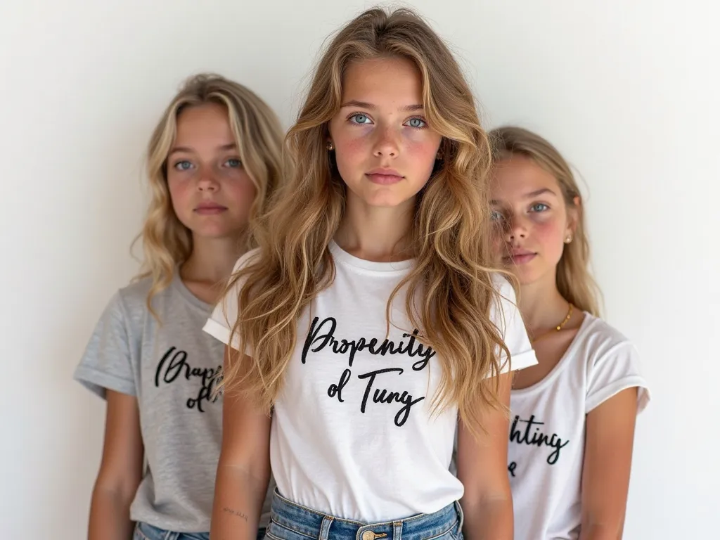 4 filles, 16 ans, Norwegian model. wavy blonde hair, very beautiful, yeux clairs,  maximum resolution 16K ,  écrit sur le t-shirt :  property of Tung,   very tight top .   very tight top  ,   Super Realistic  ,  very detailed image  ,  with white backgroun...