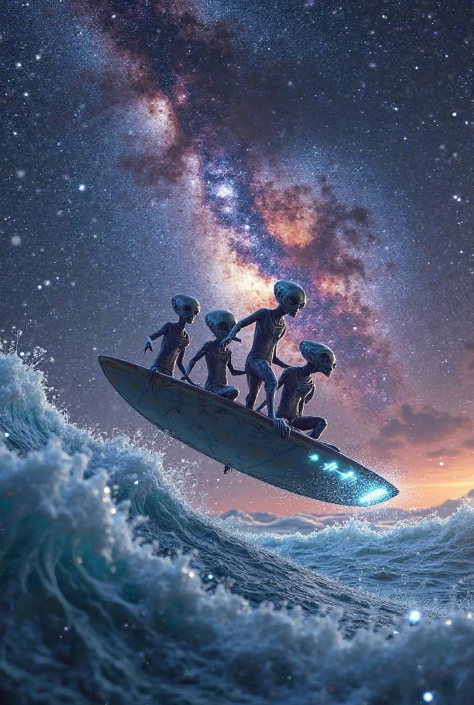 An alien club riding on top of a surfboard in the Milky Way