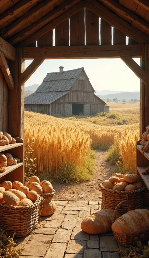 A barn full of golden wheat and bread baskets, with a warm atmosphere and golden light entering through the door.
