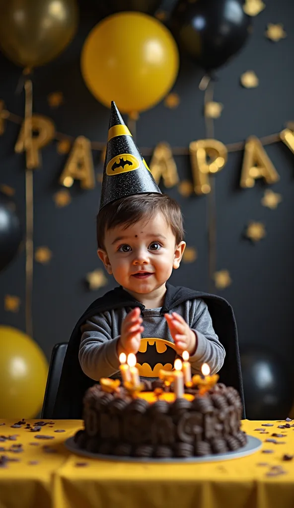 A baby dressed in a Batman costume is celebrating his birthday. He is sitting in front of a table, clapping and wearing a birthday hat. on the table, there's a Batman-themed cake with candles burning. The set is decorated with lots of balloons and confetti...