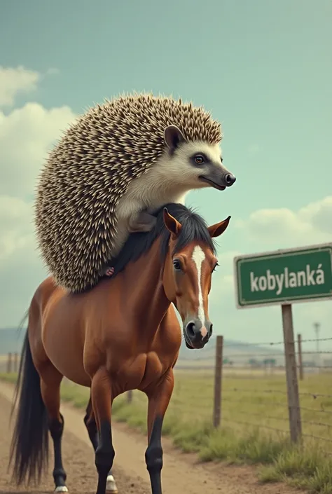 A hedgehog sitting on a horse beats him , and next to it stands a green sign "Kobylanka "