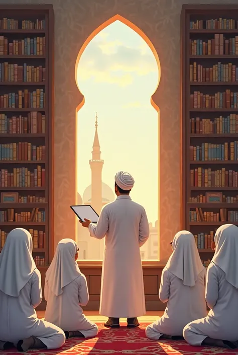 Book cover illustration against the background of an Islamic library, featuring a teacher dressed in white gamis and a turban, teaching a group of students in white uniforms. There is a blank slate. A large window with Islamic architecture shows a view of ...