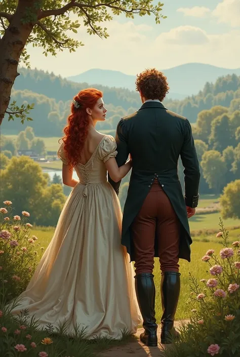 Wealthy couple not showing their faces backwards in the countryside in 1804,red-haired woman and man with brown hair with wide and tall shoulders