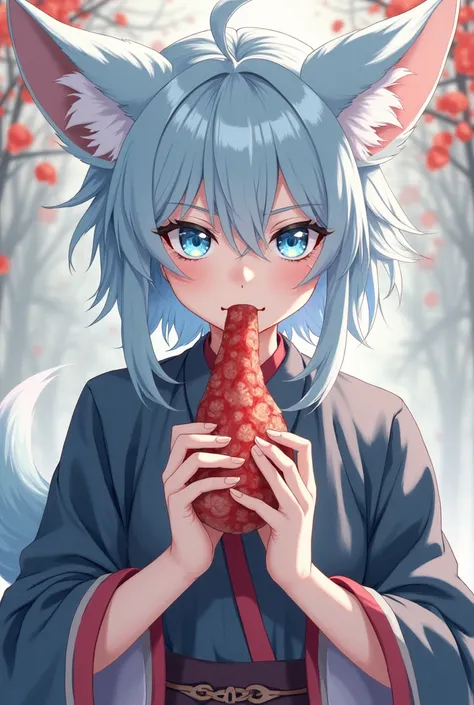 Anime style boy with serious aura of pale skin with light blue hair. light blue eyes from an imposing pose with a serious look and with fox ears. holding , a piece of meat in his hands with his mouth coming closer to taking a bite. She wears traditional Ch...